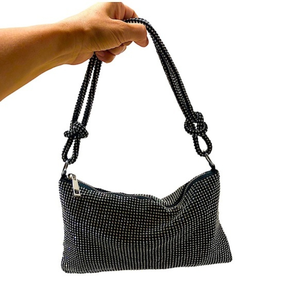 Jessica McClintock‎ Dolly Crystal Mesh Zipper Closure Shoulder Silver Black  Bag